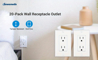 DEWENWILS Decorator Receptacle Outlet, 20pcs Standard Wall Outlets, 15Amp/ 125V, Tamper Resistant, Wall Plates Included, White-HRWS20A