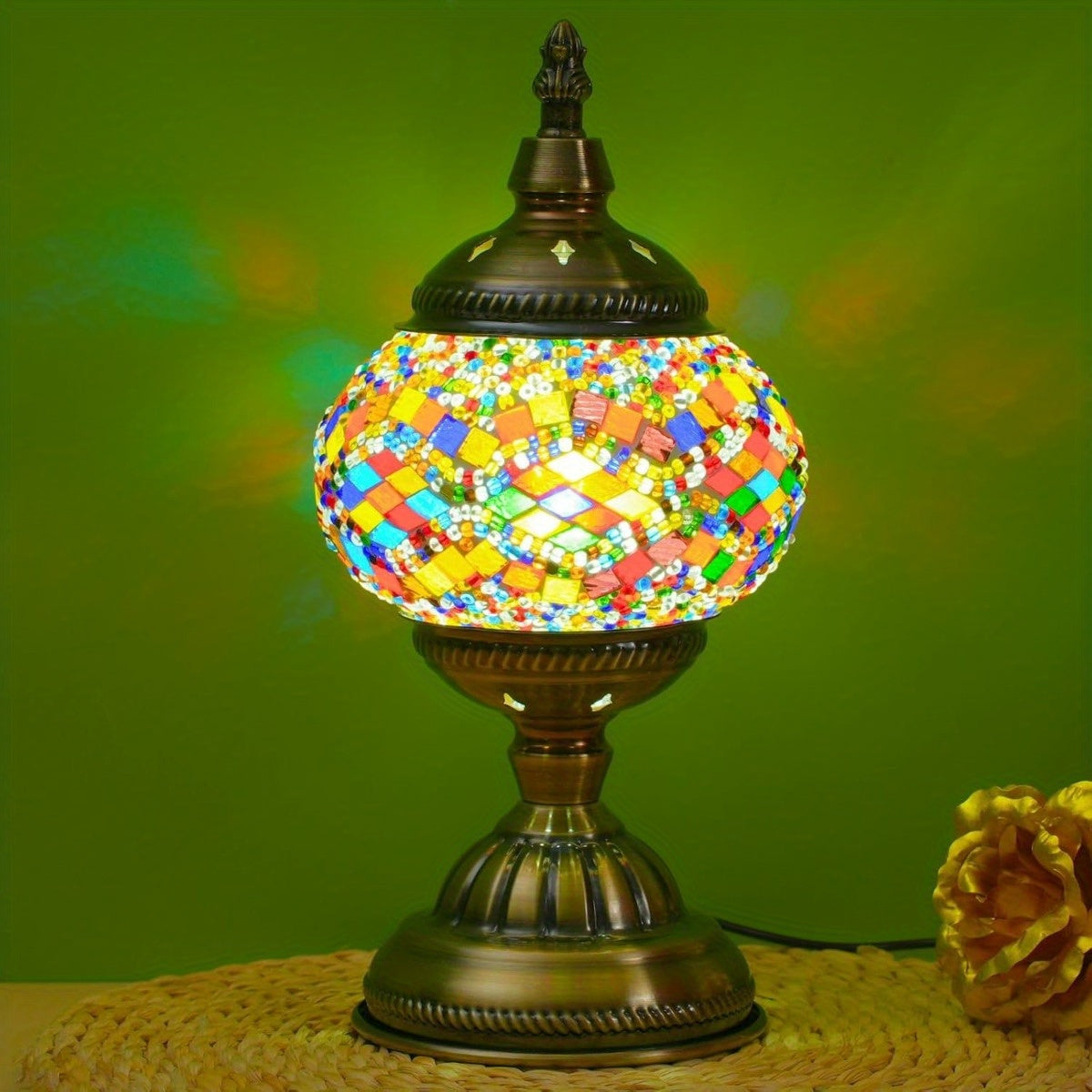 Handcrafted Finished Mosaic Table Lamp, 3-Color Dimmable Glass Bedside Lamp With Metal Base, Ready-to-Use Art Lamp For Bedroom/Living Room, Halloween Gift (Bulb Included)