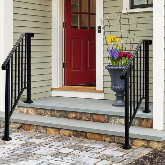 Wrought Iron Stair Handrail for 2-3 Steps - Matte Black & White Powder Coated Iron Picket Railing, Stainless Steel Post Mounts, Indoor Outdoor Home Safety Accessibility Grab Bar