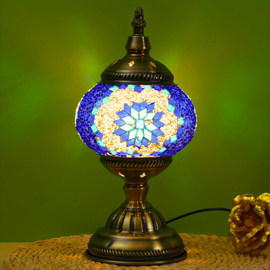 Turkish Moroccan Mosaic Table Lamp Handmade Crystal Glass Spherical Shade 3-Color Adjustable Bedside Night Light Metal Base Bulb Included for Bedroom Living Room Boho Home Decor Gift