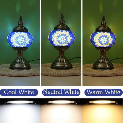 Turkish Moroccan Mosaic Table Lamp Handmade Crystal Glass Spherical Shade 3-Color Adjustable Bedside Night Light Metal Base Bulb Included for Bedroom Living Room Boho Home Decor Gift