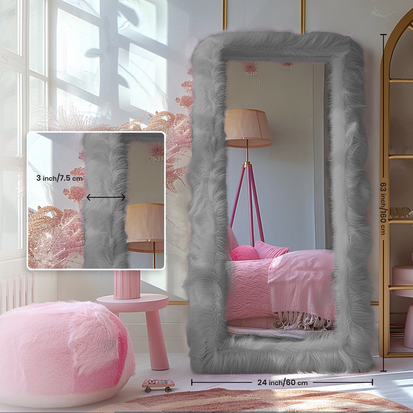"Chic Faux Fur Framed Rectangle Full-Length Mirror, 24"" x 63"", Leaning Wall Mirror for Bedroom, Living Room, Hallway"