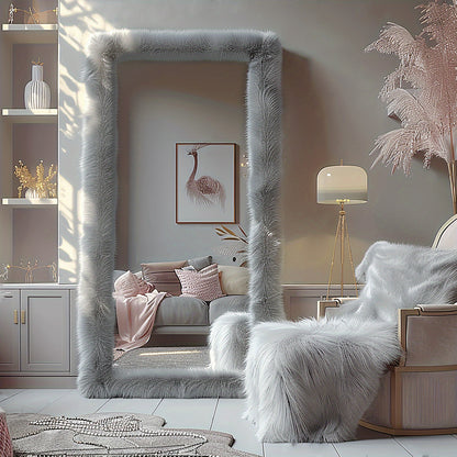 "Chic Faux Fur Framed Rectangle Full-Length Mirror, 24"" x 63"", Leaning Wall Mirror for Bedroom, Living Room, Hallway"