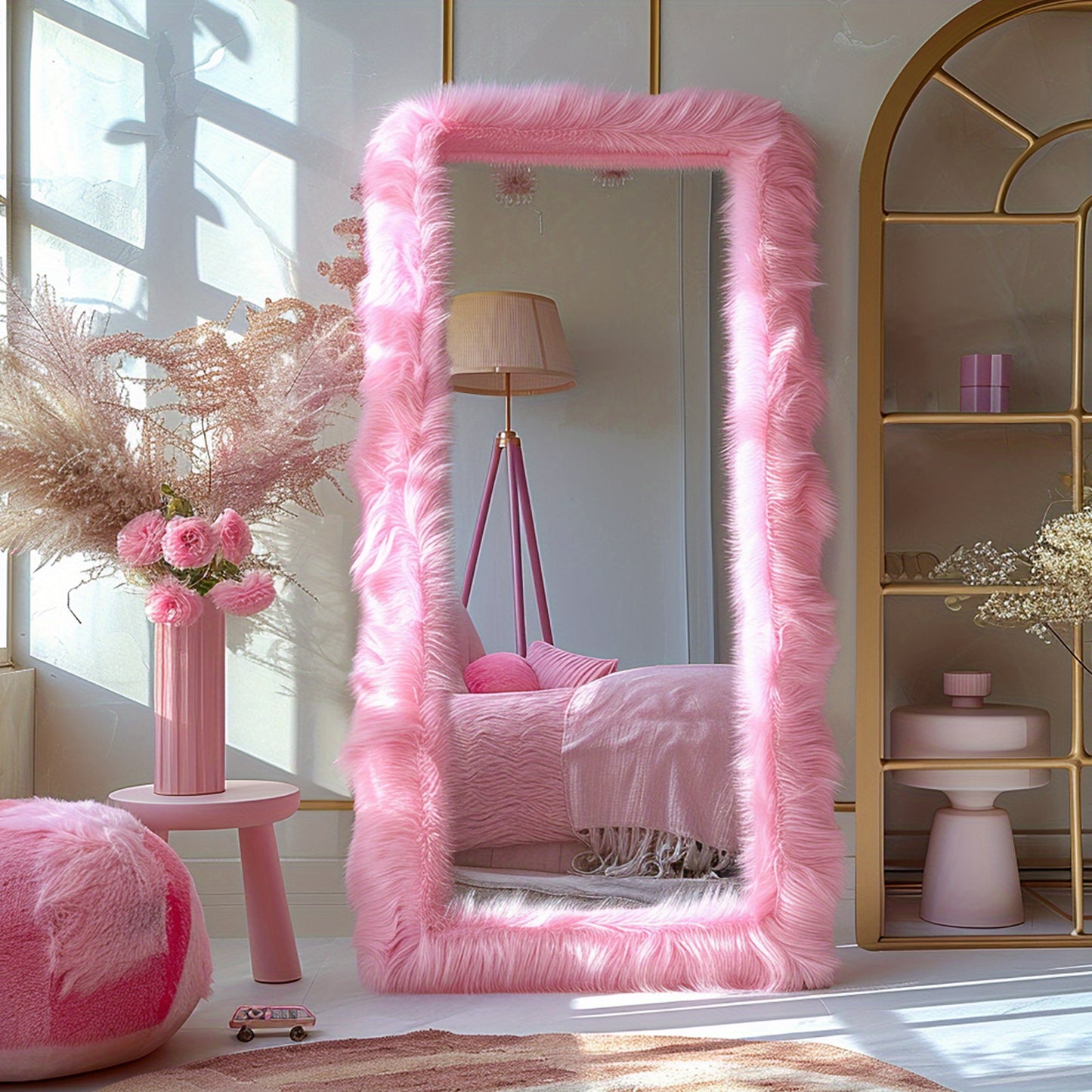 "Chic Faux Fur Framed Rectangle Full-Length Mirror, 24"" x 63"", Leaning Wall Mirror for Bedroom, Living Room, Hallway"