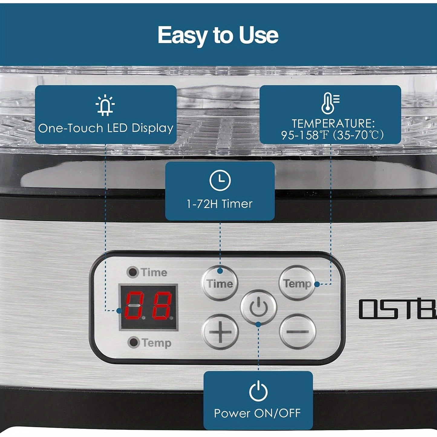 OSTBA Food Dehydrator Machine Adjustable Temperature & 72H Timer, 5-Tray Dehydrators for Food and Jerky, Fruit, Dog Treats, Herbs, Snacks, LED Display, 240W Electric Food Dryer, Recipe Book