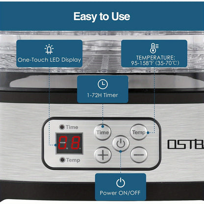 OSTBA Food Dehydrator Machine Adjustable Temperature & 72H Timer, 5-Tray Dehydrators for Food and Jerky, Fruit, Dog Treats, Herbs, Snacks, LED Display, 240W Electric Food Dryer, Recipe Book
