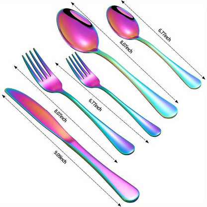 Flatware Set for 12, 60-Piece 304 Stainless Steel Cutlery Set with Mirror Polish & Titanium Plated Finish — Dishwasher Safe Silverware with Knife, Fork & Spoon | Silver, Gold & Rainbow