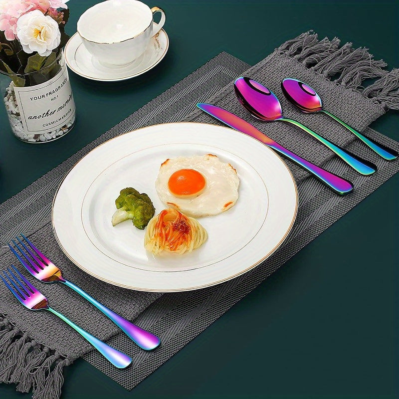 Flatware Set for 12, 60-Piece 304 Stainless Steel Cutlery Set with Mirror Polish & Titanium Plated Finish — Dishwasher Safe Silverware with Knife, Fork & Spoon | Silver, Gold & Rainbow