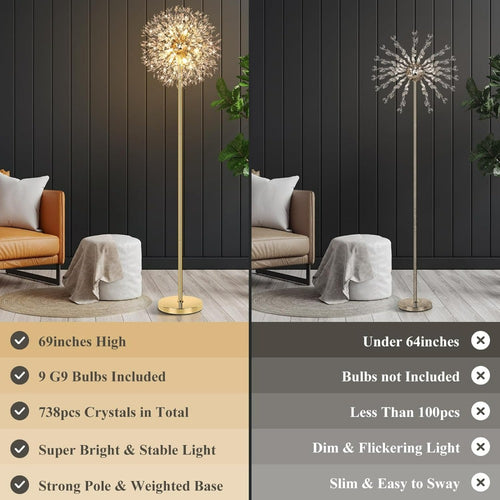 Crystal Floor Lamp for Living Room – 69 Inch Modern Standing Lamp with 738pcs K9 Crystals, 9 LED Bulbs, Antique Brass & Gold Finish, Tall Pole Light for Bedroom Office Mid Century Decor