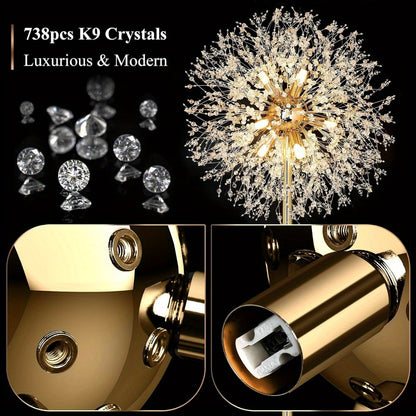 Crystal Floor Lamp for Living Room – 69 Inch Modern Standing Lamp with 738pcs K9 Crystals, 9 LED Bulbs, Antique Brass & Gold Finish, Tall Pole Light for Bedroom Office Mid Century Decor
