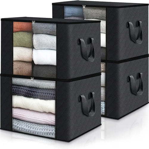 Large Capacity Storage Bags 4-Pack – 23.78 Gallon Foldable Closet Organizer Bins with Reinforced Handles for Clothing, Blankets, Comforters, Bedding & Under-Bed Storage – Black & Gray