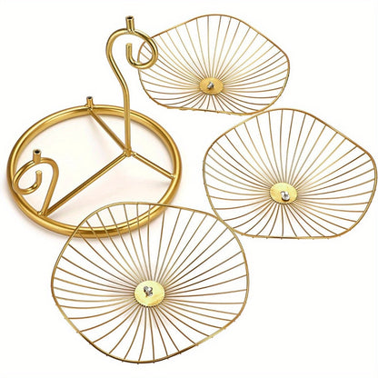Fruit Basket Stand 3-Tier Decorative Iron Metal Wire Fruit Bowl with Lotus Leaf Design, Countertop Holder for Fruits Vegetables Bread Snacks, Modern Home Kitchen Table Centerpiece Organizer Gold