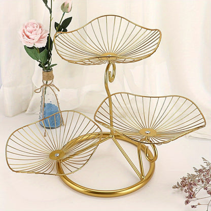 Fruit Basket Stand 3-Tier Decorative Iron Metal Wire Fruit Bowl with Lotus Leaf Design, Countertop Holder for Fruits Vegetables Bread Snacks, Modern Home Kitchen Table Centerpiece Organizer Gold