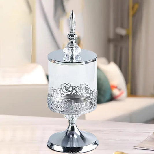 2in 1 Multifunctional Vintage European Style Candy Jar with Lid Glass Vase Transparent Metal Art Storage Container for Living Room Coffee Table, Decorative Desktop Ornament, Aesthetic Indoor Decor