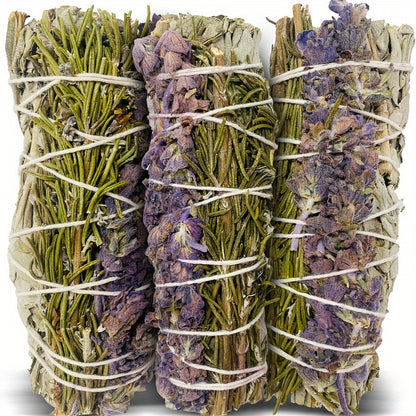 Sage Incense Smudge Bundle Set 3 Pack - White Sage Rosemary Lavender Hand-Bundled Incense Sticks for Home Cleansing Negative Energy Purification Meditation Aromatherapy Spiritual Healing