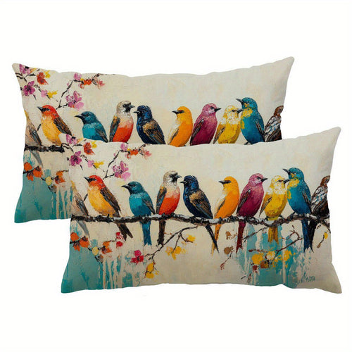 Lumbar Pillow Covers 12x20 Inch Watercolor Bird Pattern - Decorative Linen Throw Pillow Cases Cute Nature Print Zipper Closure | 1pc or 2pcs | Bedroom Living Room Sofa Couch Cushion Cover Home Decor