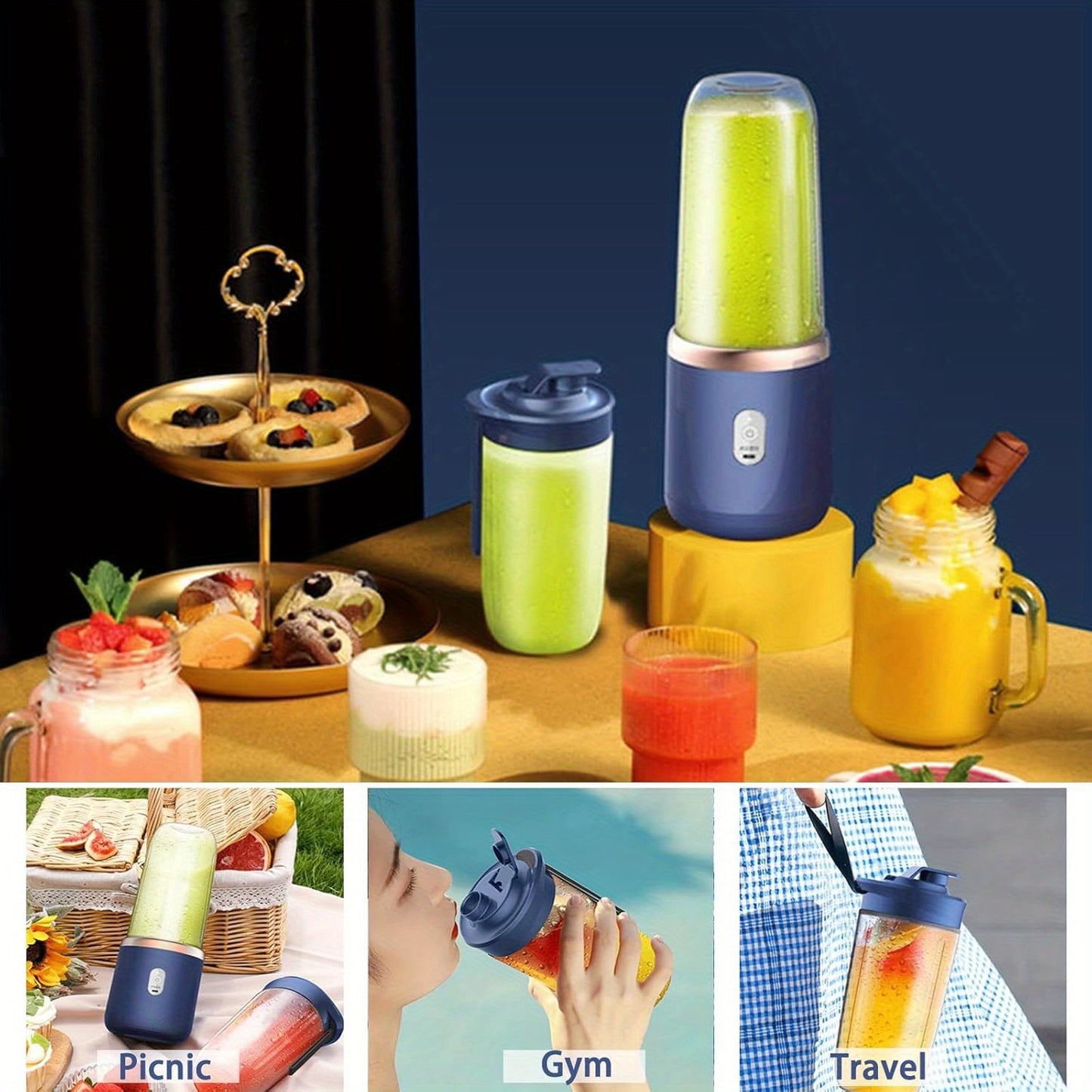 Portable Blender, Personal Milkshake And Smoothie Blender, with Travel Cover, Two 13.53-Ounce USB Rechargeable Mini Blender Fruit Juice Cups, with 6 Blades, Portable Smoothie Blender, Suitable for Kitchen, Home, And Travel
