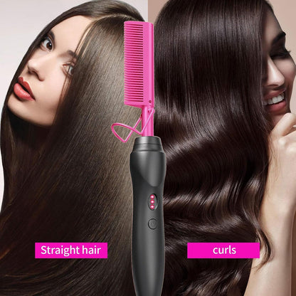 Hot Comb Hair Straightener Portable Ceramic Curler, Copper Hot Comb Heat Press Curl/ Straight Hair Styling Brush for Hair Beard Wig Wet and Dry Hair Styling Tools