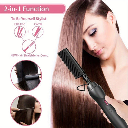 Hot Comb Hair Straightener Portable Ceramic Curler, Copper Hot Comb Heat Press Curl/ Straight Hair Styling Brush for Hair Beard Wig Wet and Dry Hair Styling Tools