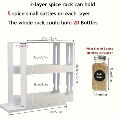 2 Tier Rotating Spice Rack - Large Capacity Kitchen Organizer for Countertops and Cabinets, Multi-Functional Pull-Out Storage Racks