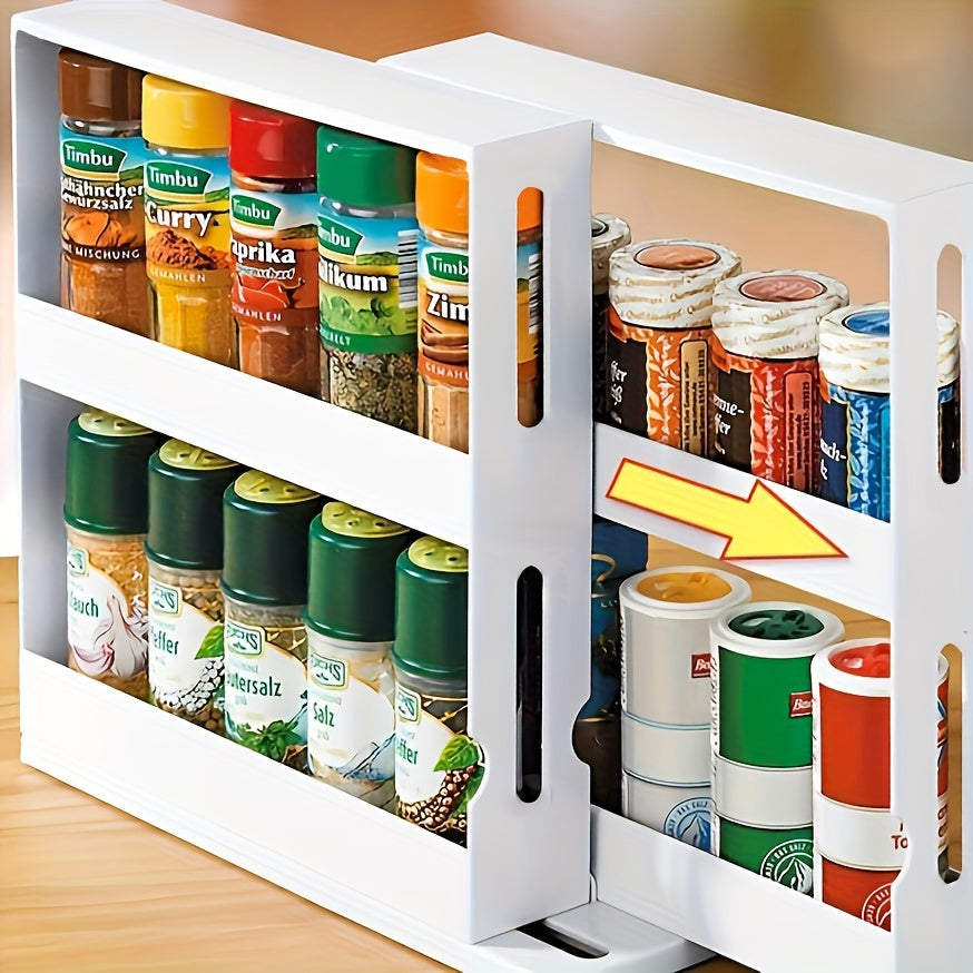 2 Tier Rotating Spice Rack - Large Capacity Kitchen Organizer for Countertops and Cabinets, Multi-Functional Pull-Out Storage Racks
