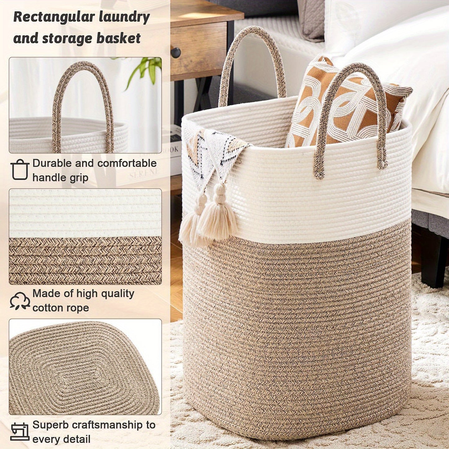 Jumbo Size Cotton Material Laundry Basket, Woven Cotton Rope Laundry Basket, 10.57/ 15.85gal/ 21.13gal/ 26.42gal Multifunctional Storage for Dirty Clothes,, And Blankets In The Bathroom And Living Room, Laundry Storage Baskets, Bins &