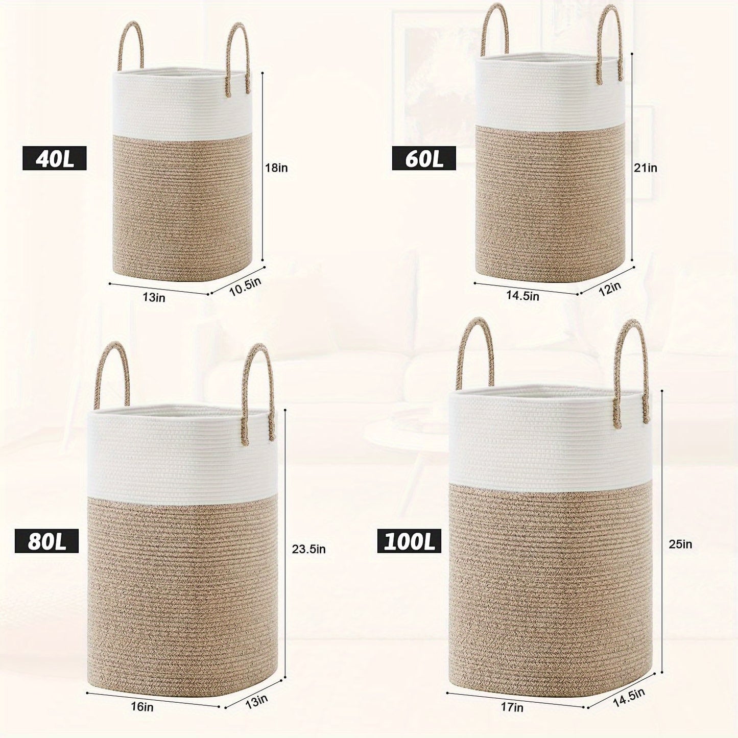 Jumbo Size Cotton Material Laundry Basket, Woven Cotton Rope Laundry Basket, 10.57/ 15.85gal/ 21.13gal/ 26.42gal Multifunctional Storage for Dirty Clothes,, And Blankets In The Bathroom And Living Room, Laundry Storage Baskets, Bins &