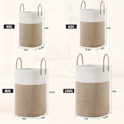 Jumbo Size Cotton Material Laundry Basket, Woven Cotton Rope Laundry Basket, 10.57/ 15.85gal/ 21.13gal/ 26.42gal Multifunctional Storage for Dirty Clothes,, And Blankets In The Bathroom And Living Room, Laundry Storage Baskets, Bins &