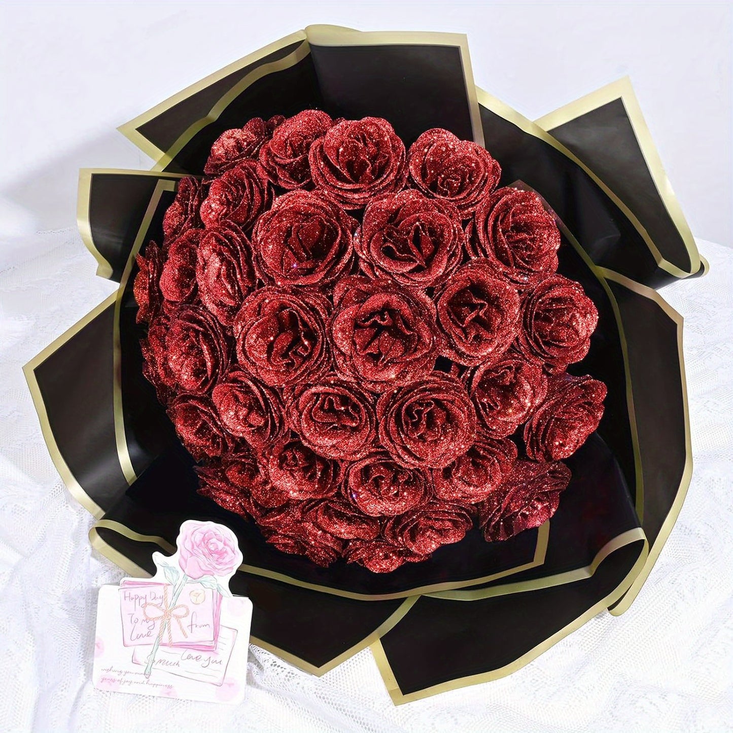 24/36pcs Glitter Roses Bouquet - Everlasting Shiny Artificial Red Roses with Sparkling Glitter Petals, DIY Fake Flower Bouquet Suitable for Valentine' Day, Mother' Day, Wedding, Anniversary, - Gifts for, Plastic Roses Bouquet