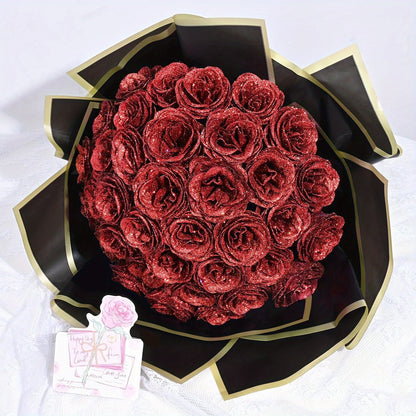 24/36pcs Glitter Roses Bouquet - Everlasting Shiny Artificial Red Roses with Sparkling Glitter Petals, DIY Fake Flower Bouquet Suitable for Valentine' Day, Mother' Day, Wedding, Anniversary, - Gifts for, Plastic Roses Bouquet