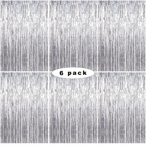 6 Packs Silvery Foil Metallic Tinsel Backdrop,Glitter Foil Tassel Ribbon,Party Photo Booth&Birthday Wedding Backdrop, Doorway Streamer Decoration,Holiday Party and Photo Decoration with Laser Rain Background