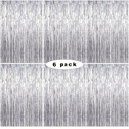 6 Packs Silvery Foil Metallic Tinsel Backdrop,Glitter Foil Tassel Ribbon,Party Photo Booth&Birthday Wedding Backdrop, Doorway Streamer Decoration,Holiday Party and Photo Decoration with Laser Rain Background