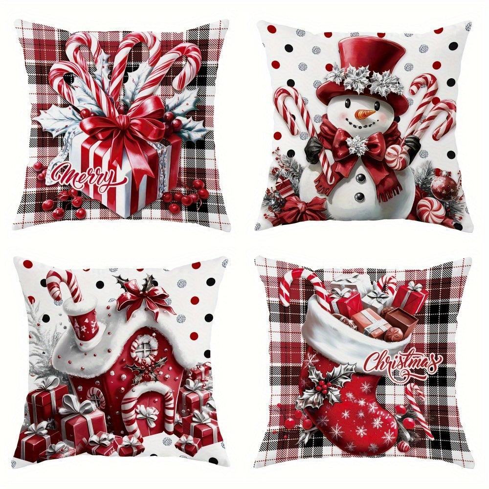 2025 Festive 4pcs Christmas Merry Snowman Candy Cane Buffalo Plaid Polyester Throw Pillow Covers - 18" X 18" - Cozy Soft Decorative Pillow Cover With Single Side Print - Perfect For Christmas Winter Living Room, Bedroom, Sofa And Bed Decor, No Insert