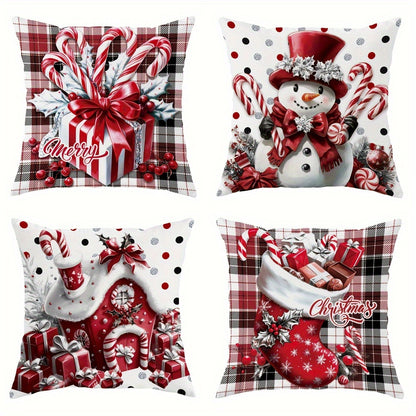 2025 Festive 4pcs Christmas Merry Snowman Candy Cane Buffalo Plaid Polyester Throw Pillow Covers - 18" X 18" - Cozy Soft Decorative Pillow Cover With Single Side Print - Perfect For Christmas Winter Living Room, Bedroom, Sofa And Bed Decor, No Insert