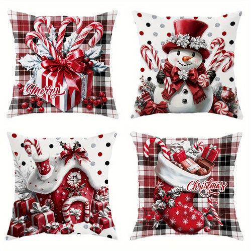 2025 Festive 4pcs Christmas Merry Snowman Candy Cane Buffalo Plaid Polyester Throw Pillow Covers - 18" X 18" - Cozy Soft Decorative Pillow Cover With Single Side Print - Perfect For Christmas Winter Living Room, Bedroom, Sofa And Bed Decor, No Insert