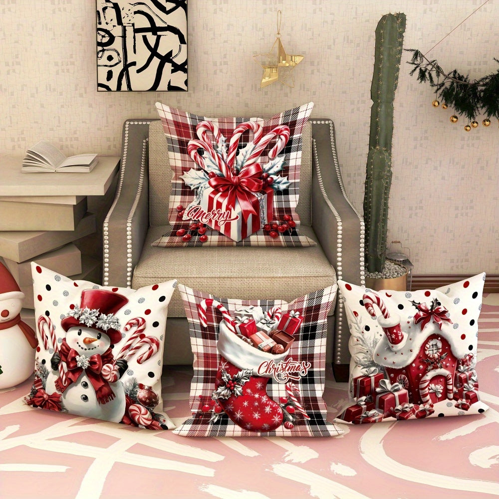 2025 Festive 4pcs Christmas Merry Snowman Candy Cane Buffalo Plaid Polyester Throw Pillow Covers - 18" X 18" - Cozy Soft Decorative Pillow Cover With Single Side Print - Perfect For Christmas Winter Living Room, Bedroom, Sofa And Bed Decor, No Insert