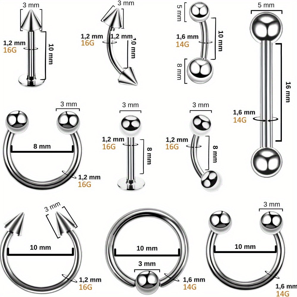 Complete Set of 124pcs for Professional Piercing, Including a Piercing Gun And 14G 16G Stainless Steel Jewelry Suitable for Various Body Parts Like Ears, Nose, Septum, Lips, Belly Button, And Tongue