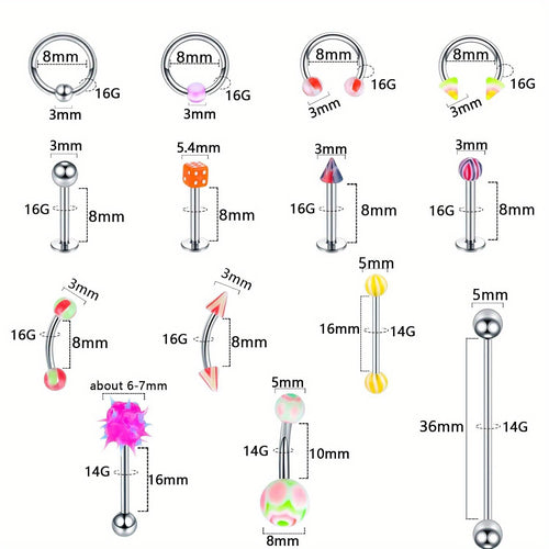 Body Piercing Jewelry Set 116pcs Stainless Steel – 14G 16G Mix BCR CBR Labret Lip Rings, Cartilage Daith Earrings, Nose Septum & Belly Studs