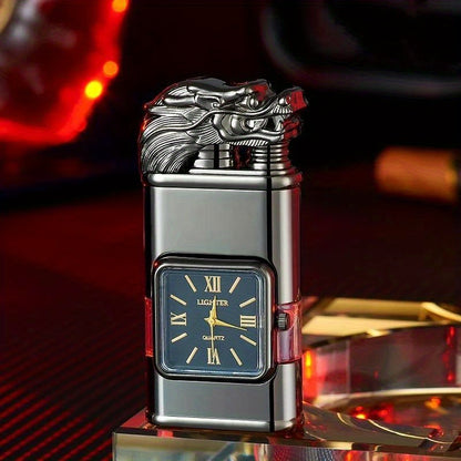 Double Flame Torch Lighter for Men – Windproof Refillable Butane Lighter with Vintage Quartz Dial, Zinc Alloy Body, Gift Box Included, Outdoor Camping BBQ Survival, Unique Engraved Style (Butane Not Included)