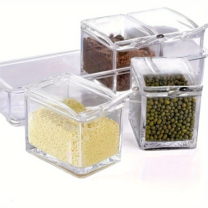 4pcs Kitchen Seasoning Storage Box - Transparent Multi Grid Moisture Proof with Lid Seasoning Storage Box, Essential for Home and Apartment Use