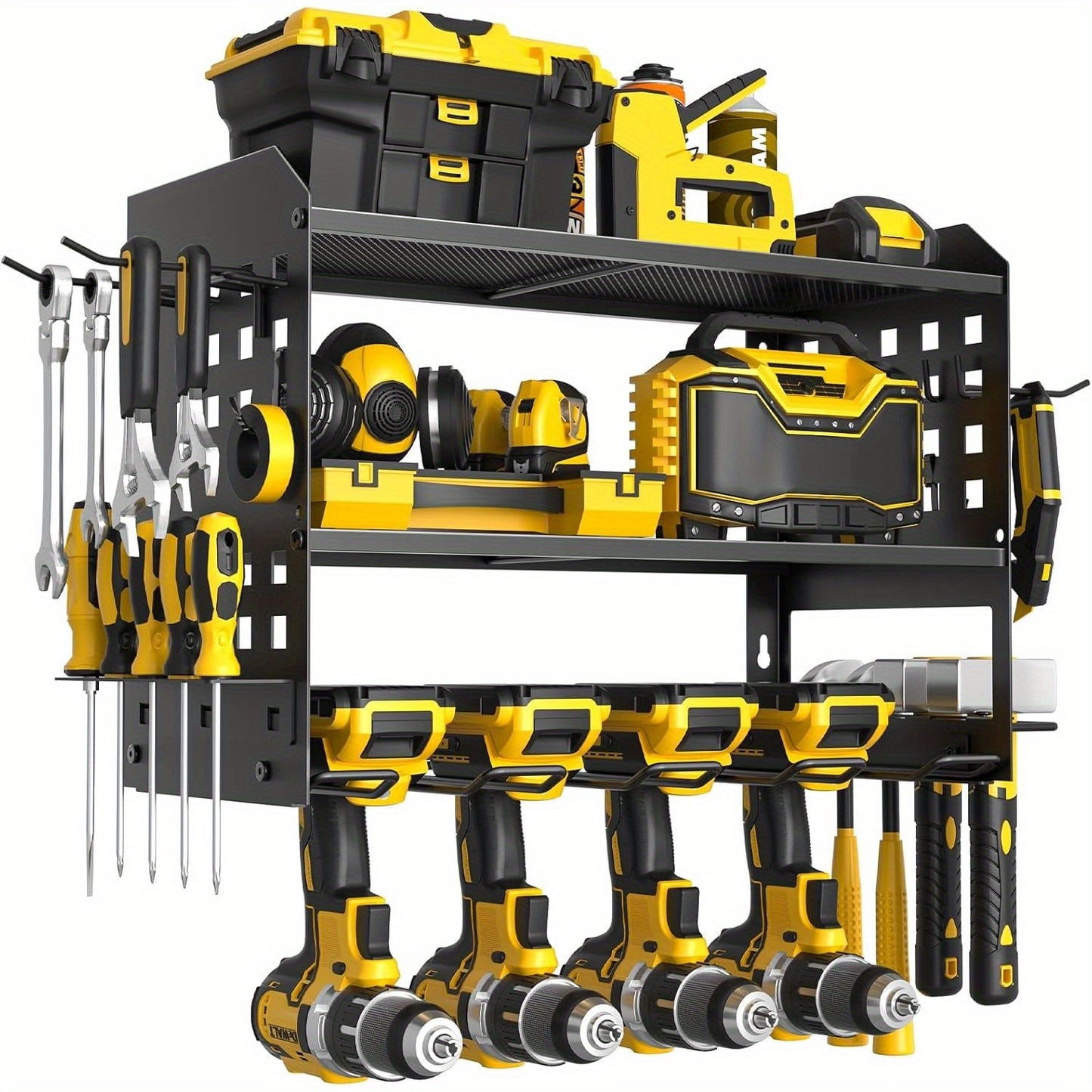 Power Drill Holder Wall Mount – Heavy Duty Tool Storage Rack with 3/4 Layer Floating Shelf | Cordless Drill Organizer | 4/6/8 Drill Holders Workshop Tool Rack for Garage & Workshop Organization
