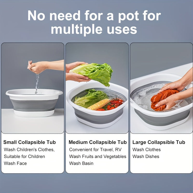 A Compact 3pcs Set That Includes a Collapsible Sink, a Portable Wash Basin, a Square Dish Tub, a Foldable Laundry Basket, And a Plastic Sink, Designed for Efficient Storage of Utensils, Fruits, And for Use During Camping, Laundry, Hiking