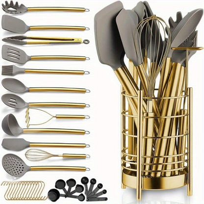 38pcs Set of Golden Kitchenware, with Edible Grade Silicone Heads to Protect Your Cookware. Made of Stainless Steel Material, It Is Safe And Reliable, Providing a Complete Solution to Your Cooking Needs
