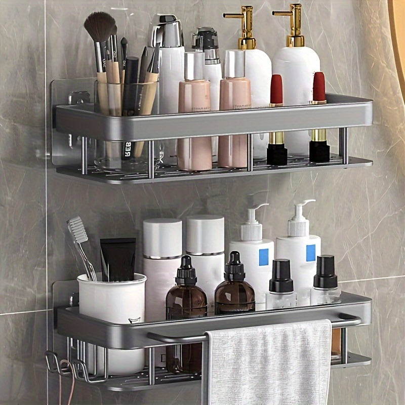A Two-Part Set Featuring a Two-Tier Rust-Resistant Shower Basket, Designed for Wall Mounting in The Bathroom. It Has a Shiny End And Is Ideal for Holding Soap And Towels, As Well As for Festive Decor