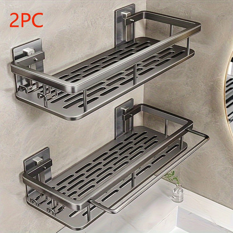 A Two-Part Set Featuring a Two-Tier Rust-Resistant Shower Basket, Designed for Wall Mounting in The Bathroom. It Has a Shiny End And Is Ideal for Holding Soap And Towels, As Well As for Festive Decor