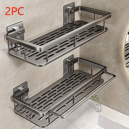 A Two-Part Set Featuring a Two-Tier Rust-Resistant Shower Basket, Designed for Wall Mounting in The Bathroom. It Has a Shiny End And Is Ideal for Holding Soap And Towels, As Well As for Festive Decor