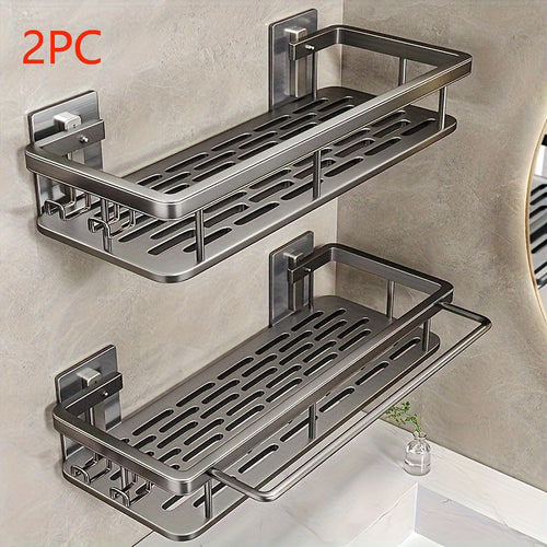 A Two-Part Set Featuring a Two-Tier Rust-Resistant Shower Basket, Designed for Wall Mounting in The Bathroom. It Has a Shiny End And Is Ideal for Holding Soap And Towels, As Well As for Festive Decor