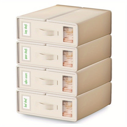 Bed Sheet Storage Organizer Boxes 4-Pack Foldable Fabric Bins with Clear Window & Label, Closet Bedding Storage Box for Sheets Duvet Covers Blankets Pillowcases, Oxford or Non-Woven, Grey Beige