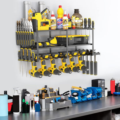 Power Drill Holder Wall Mount – Heavy Duty Tool Storage Rack with 3/4 Layer Floating Shelf | Cordless Drill Organizer | 4/6/8 Drill Holders Workshop Tool Rack for Garage & Workshop Organization