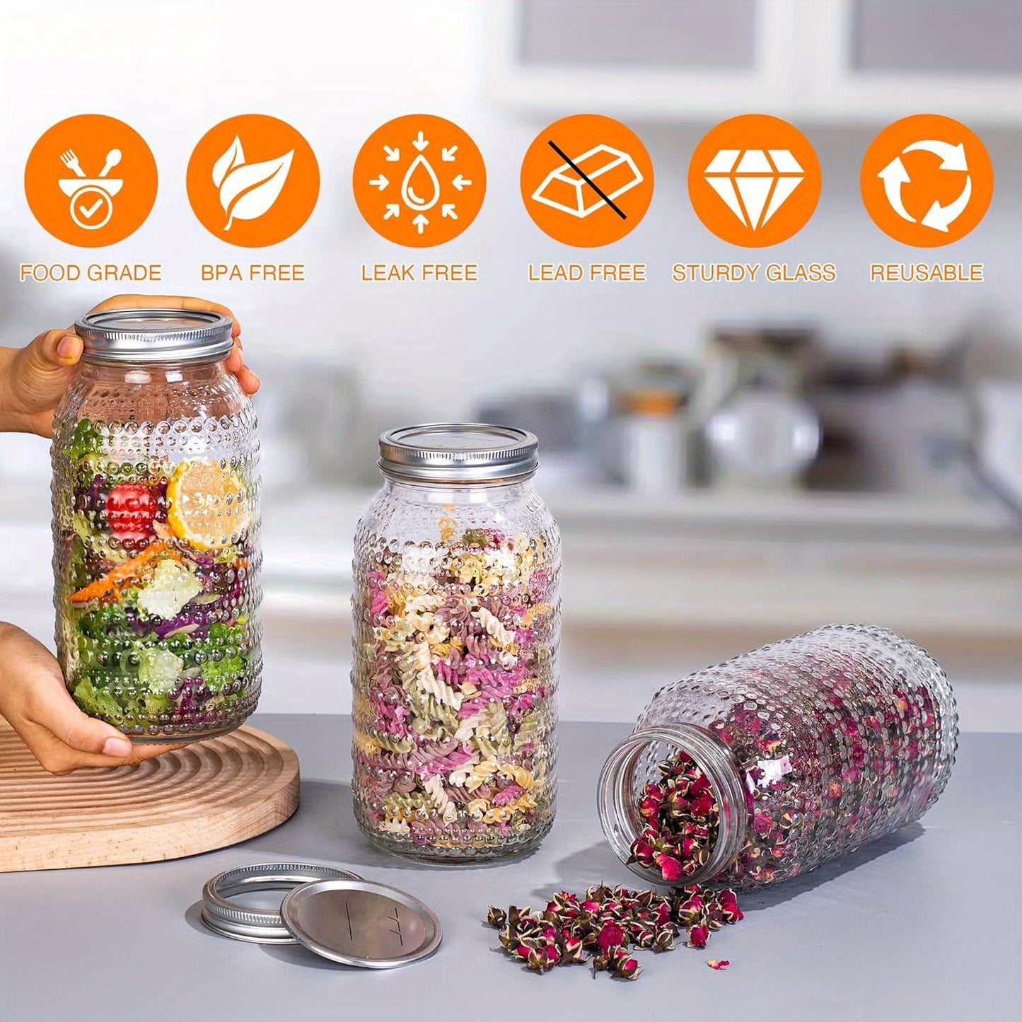 Mason Jars 64oz with Lids Wide Mouth 3pcs, Glass Jars Canning Jars Large for Centerpieces Pickling Storage Food Meal Prep Salad Jam